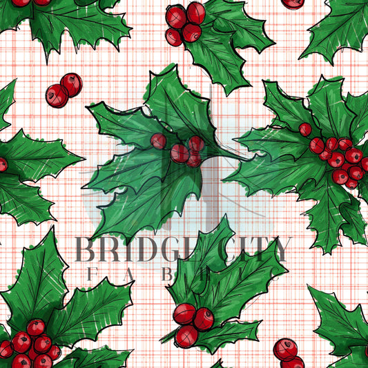 Holly Berries on Red Crosshatch