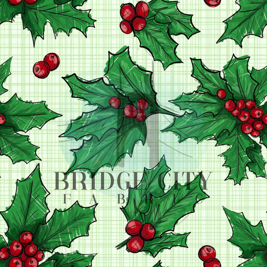 Holly Berries on Green Crosshatch